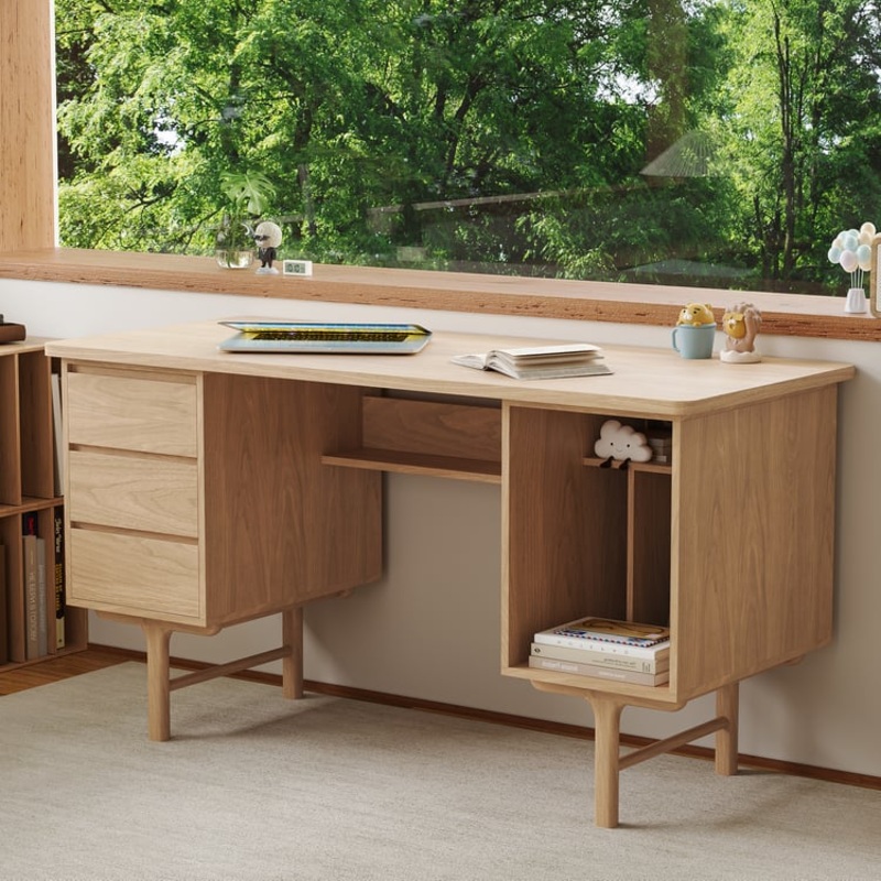 55.1″ Mid-century Style Natural Wood Home Office Desk with 3 Drawers