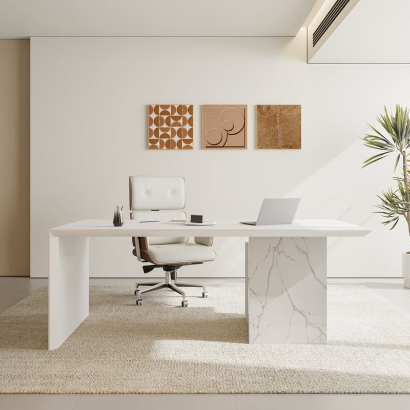 60″ Modern MDF & Marble Veneer Desk & Off White Home Office Chair Set High Back