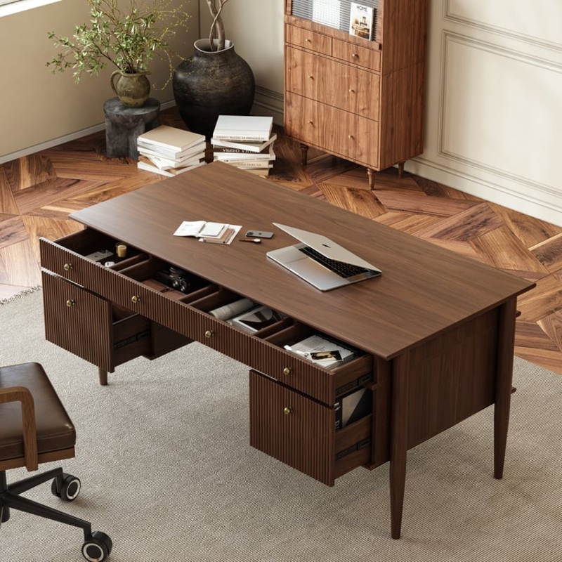 64″ Mid-century Style Walnut Wood Home Office Desk with 6 Drawers