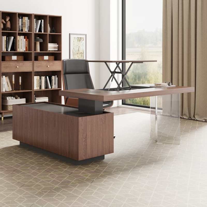 71.5″ Modern Walnut Standing L-Shape Executive Desk with lifter Desktop Right Hand