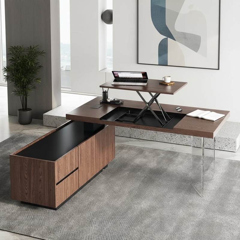 71.5″ Modern Walnut Standing L-Shape Executive Desk with Side Cabinet and lifter Desktop