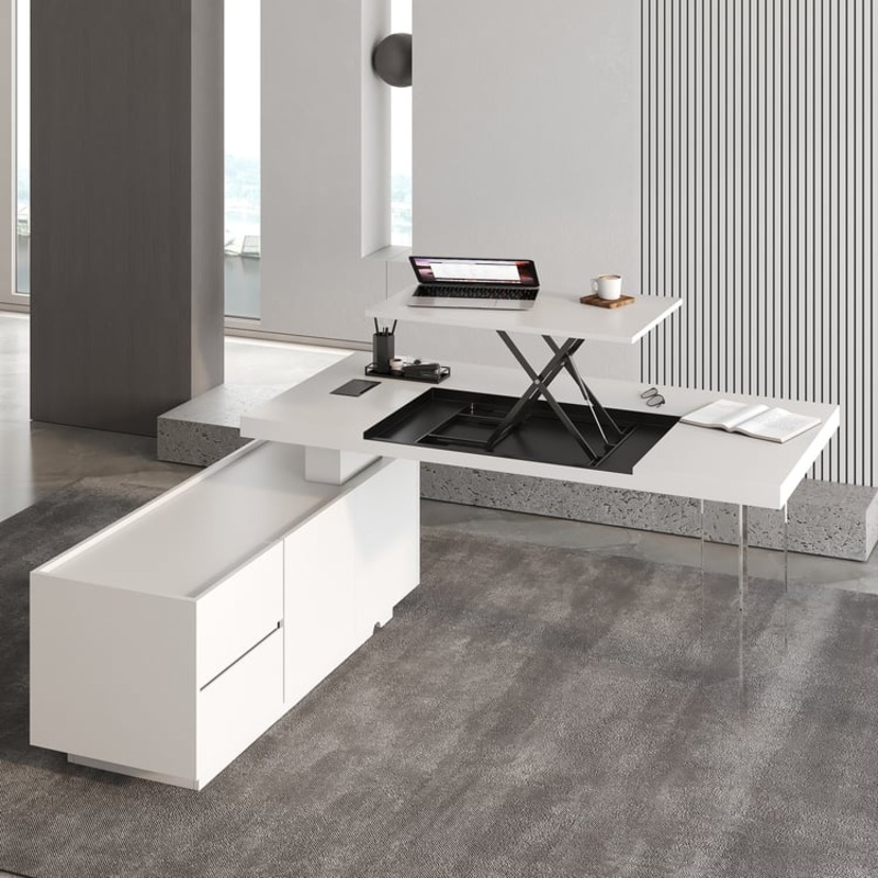 71.5″ Modern White Standing L-Shape Executive Desk with Side Cabinet and lifter Desktop