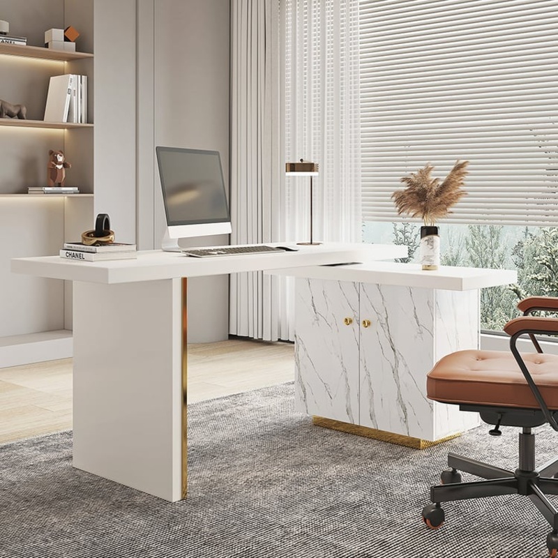 88″ Modern White L-Shape Writing Desk with Side Cabinet Wood Office Desk Gold Finish