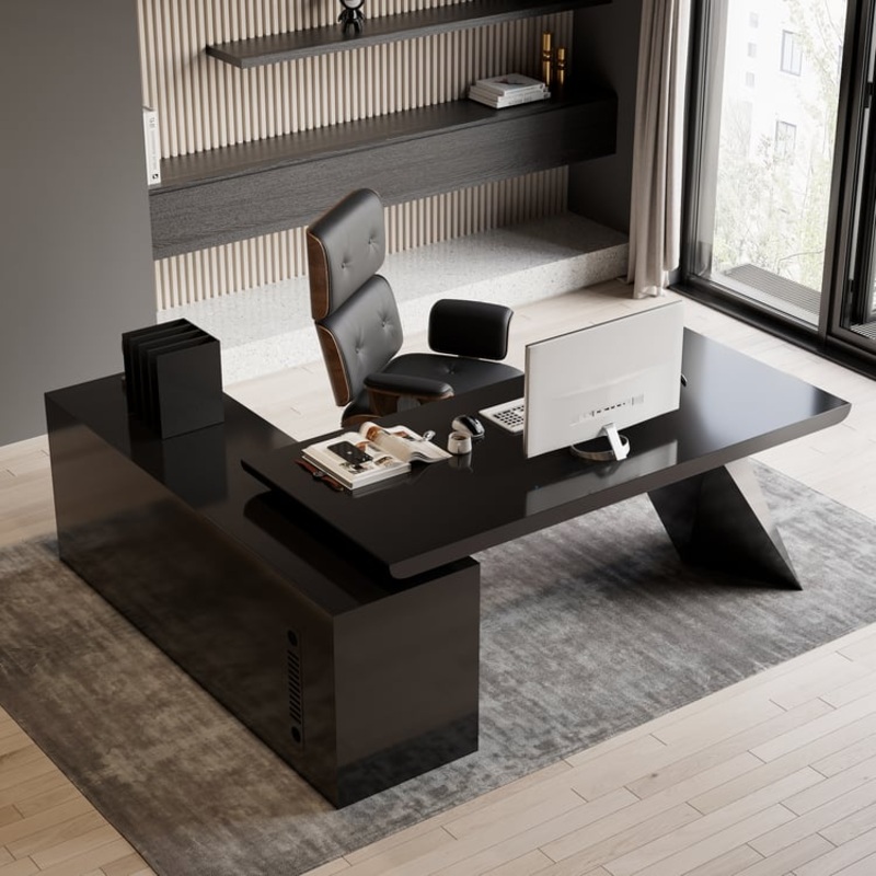 Set Black L-Shape Executive Desk Right Hand Reclining Leather Office Desk Chair (70.9″ )