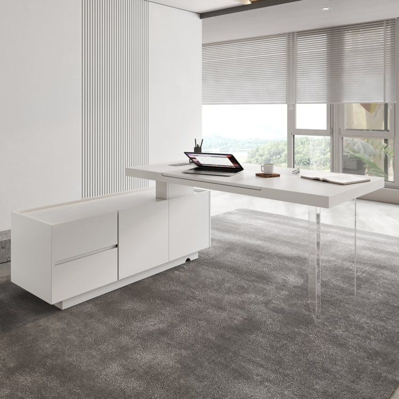 Set Modern Walnut Standing L-Shape Desk & Reclining Leather Office Desk Chair (71.5″)