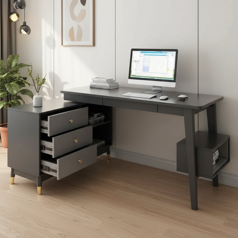 Ultic Gray L-Shaped Desk with Storage Drawers & Shelf for Home Office (47.2”)