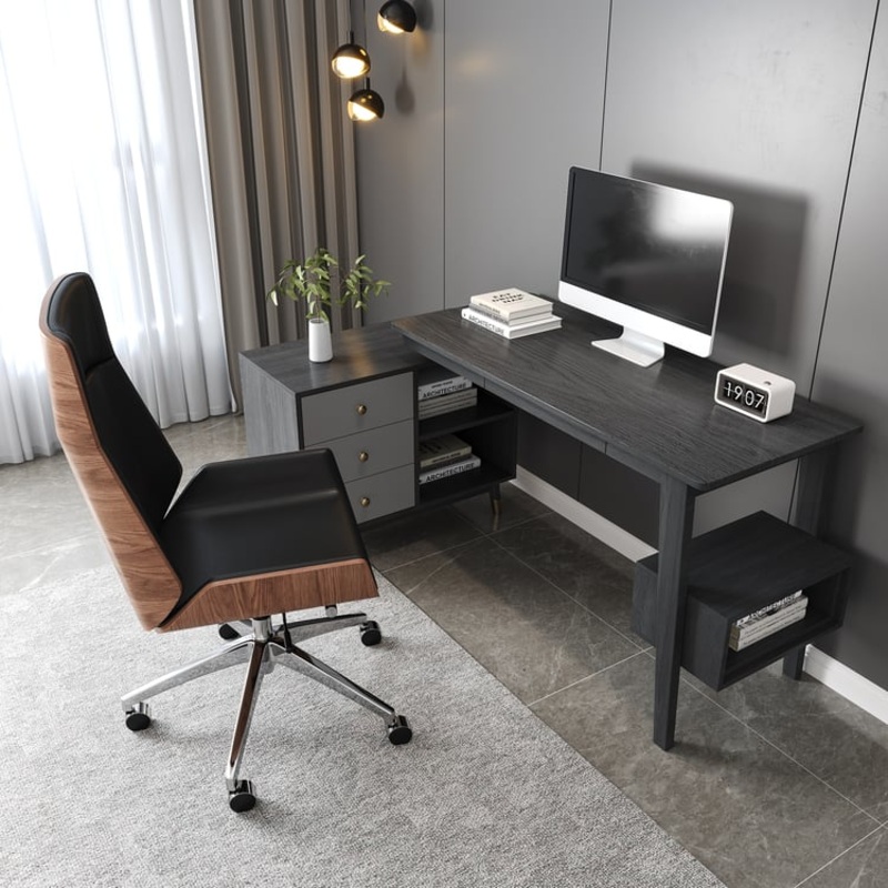 Ultic Gray Reversible L-Shaped Desk & Faux Leather Office Chair Set  with Wheels