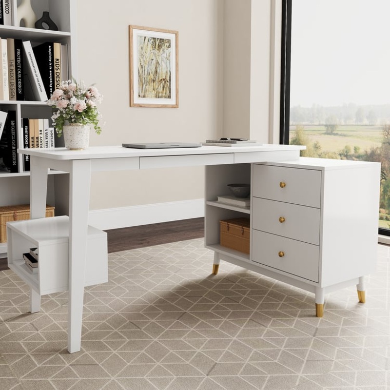 Ultic White L Shaped Office Desk with Storage Drawers & Shelf  (47.2”)