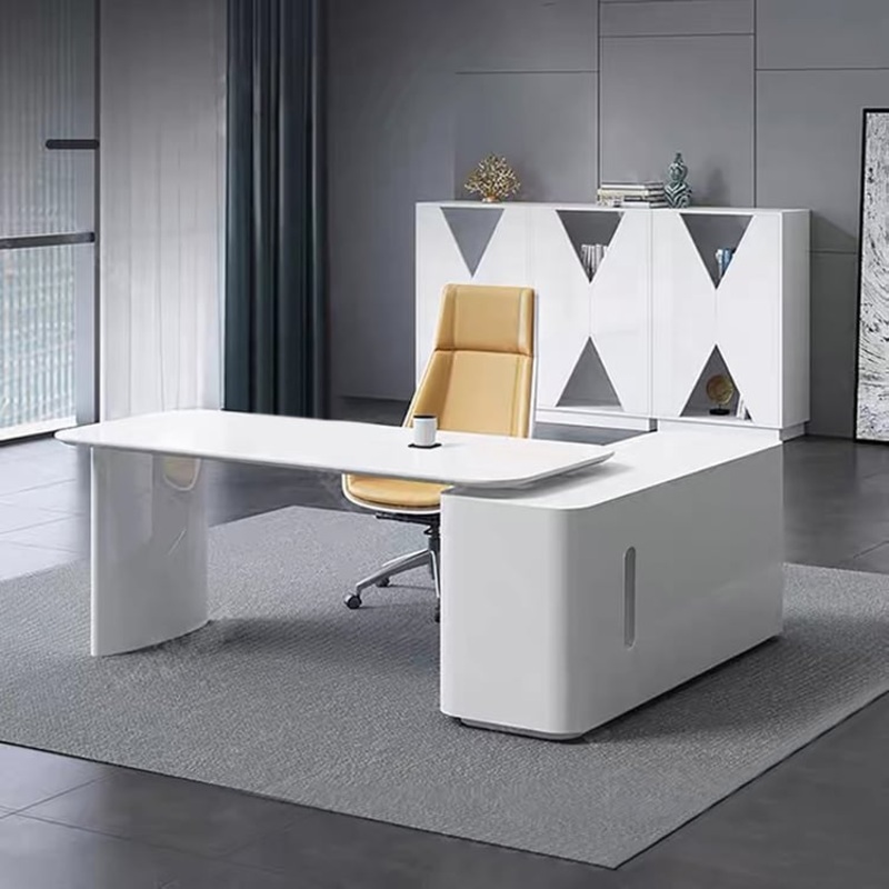 White L-Shape Executive Desk with Storage Drawers & Cabinet, Left-Handed (70.9″)