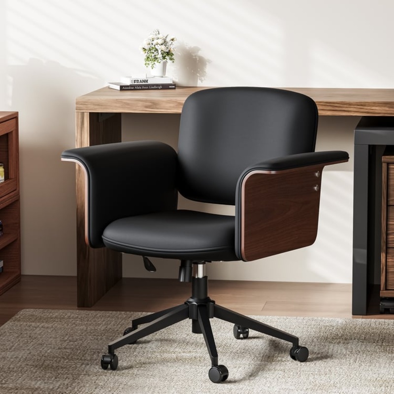 Wood & Faux Leather Office Chair – Ergonomic Adjustable Swivel (Black)