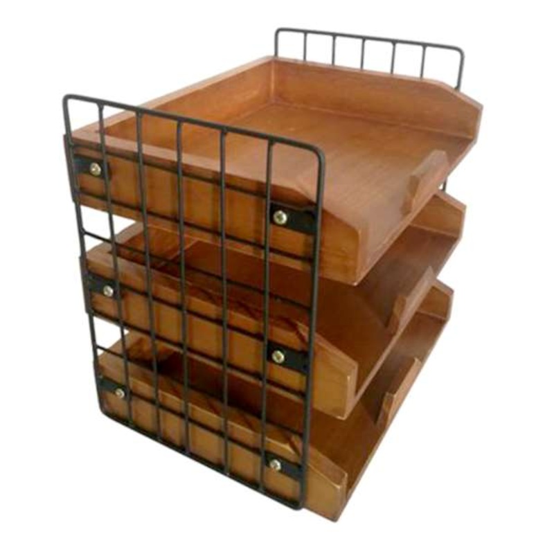 3-Tier Black Wooden Desk Organizer with Metal Grid