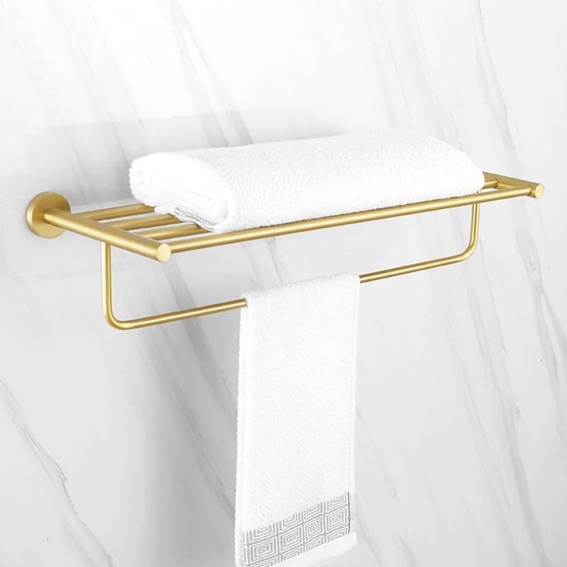 24″ Wall Mounted Brass Bathroom Shelf with Towel Rack in Brushed Gold