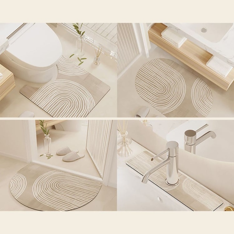 4 Pieces Japandi Light Khaki Diatom Mud Non-Slip Bath Mat Abstract Bath Mat Set