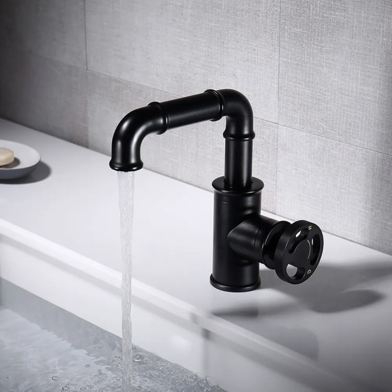 Ruth Industrial Pipe 1-Hole Bathroom Sink Faucet Single Handle Solid Brass in Black