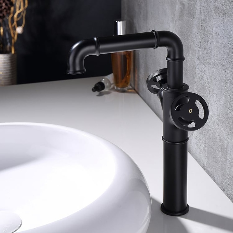 Ruth Industrial Pipe Bathroom Vessel Sink Faucet Matte Black 1-Hole 2-Handle Solid Brass