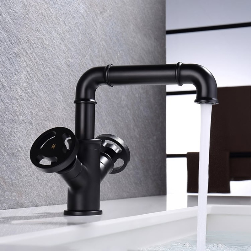Ruth Industrial Pipe Matte Black 1-Hole Bathroom Sink Faucet Double Handles Solid Brass