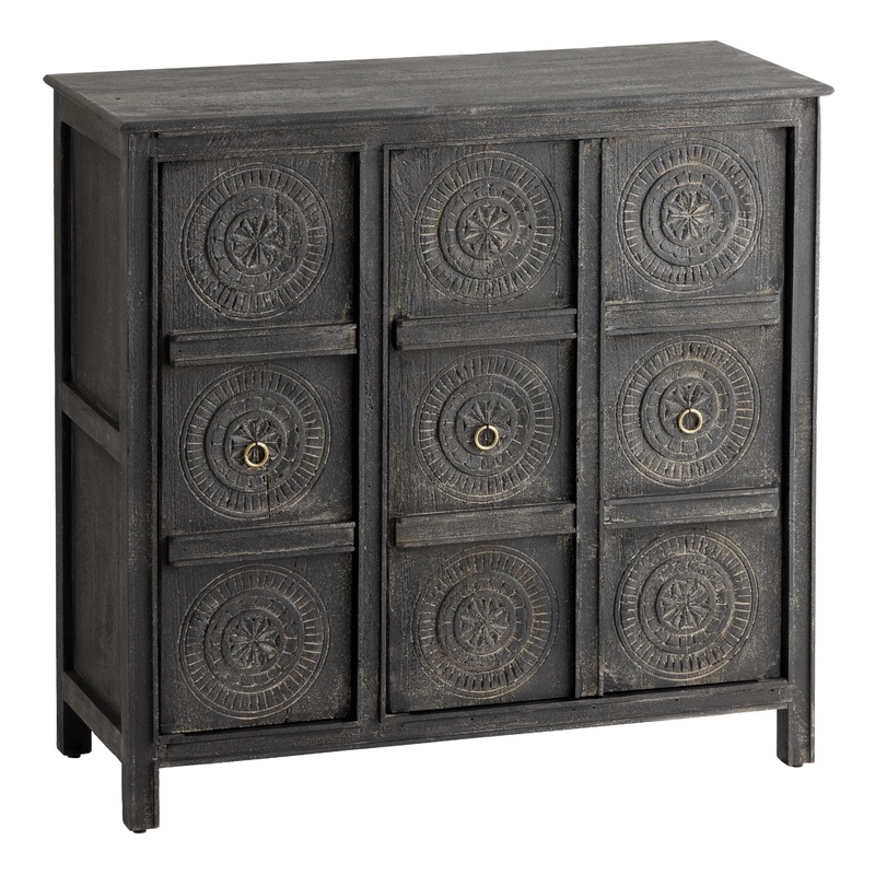 Shimla Distressed Black Carved Wood Medallion Storage Cabinet