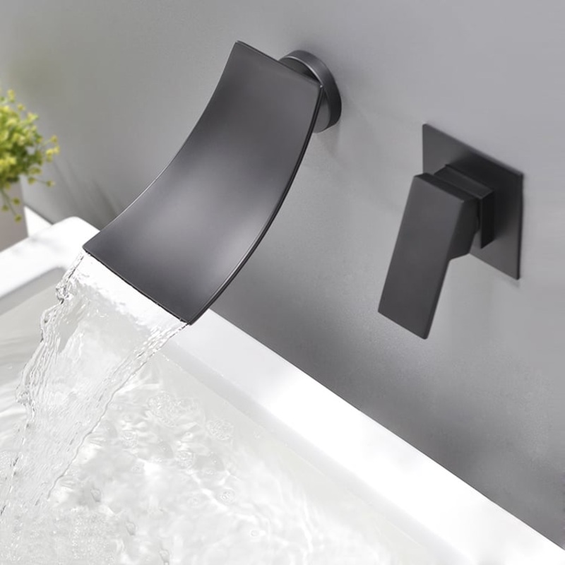 Shoop Modern Single Handle Wall Mounted Waterfall Bathroom Sink Faucet Matte Black