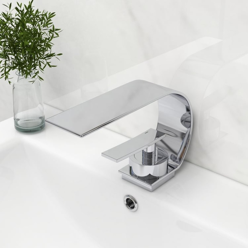 Single Handle Waterfall Arc Bathroom Sink Faucet Chrome Solid Brass