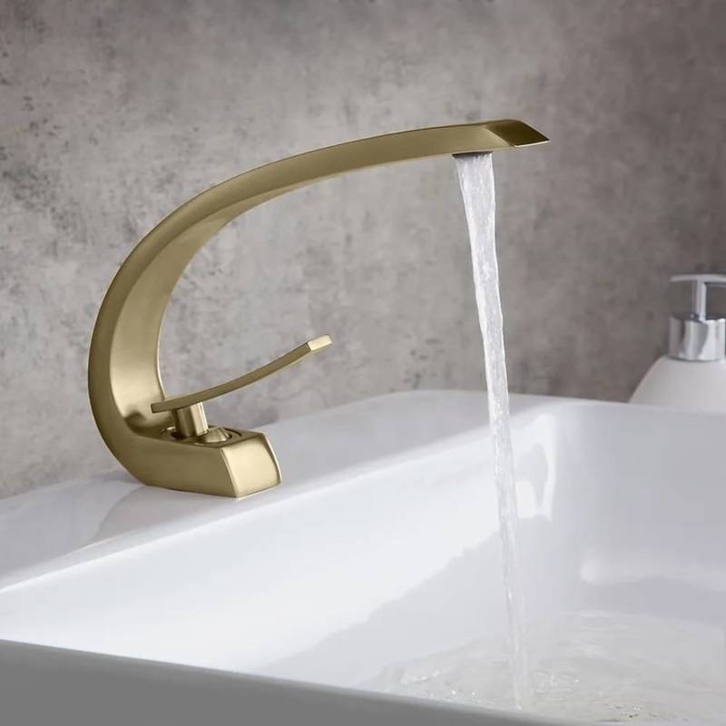 Single Hole 1-Handle Bathroom Sink Faucet Curved Spout with Pop Up Drain in Brushed Gold
