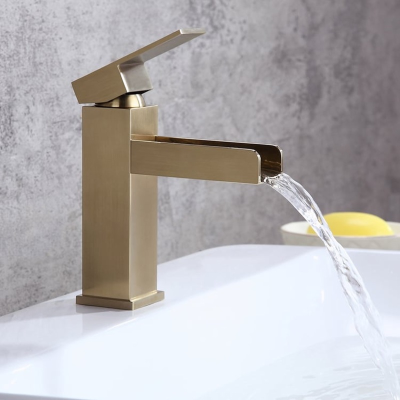 Stylish 1-Hole Single Handle Waterfall Bathroom Sink Faucet Solid Brass in Brushed Gold Finish