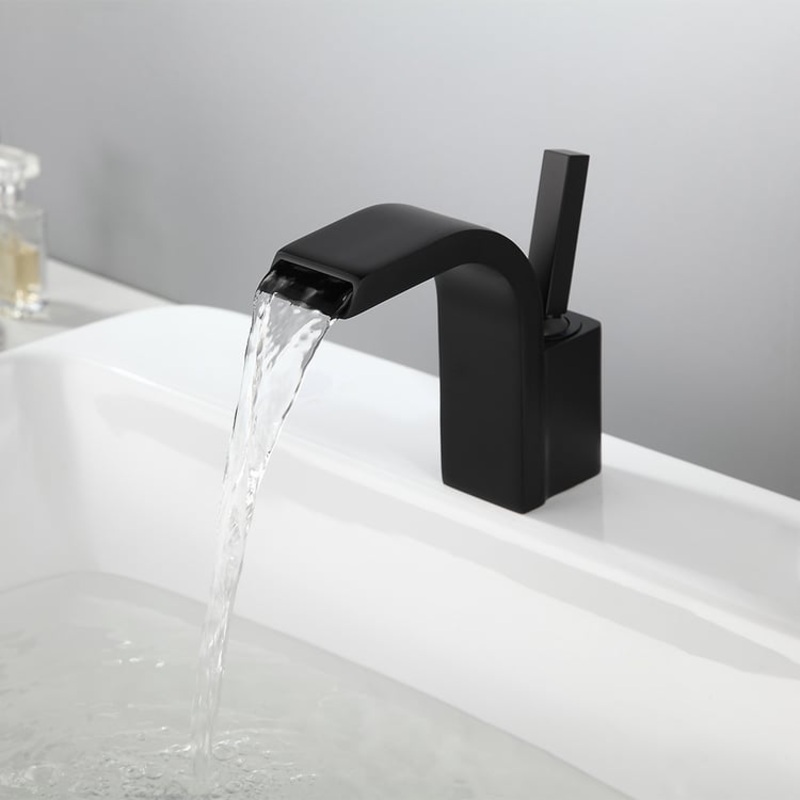 Waterfall Spout Single Joystick Handle Bathroom Sink Faucet in Matte Black