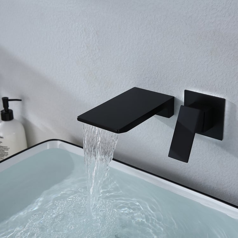 Waterfall Wall Mounted Matte Black Bathroom Sink Faucet Single Handle