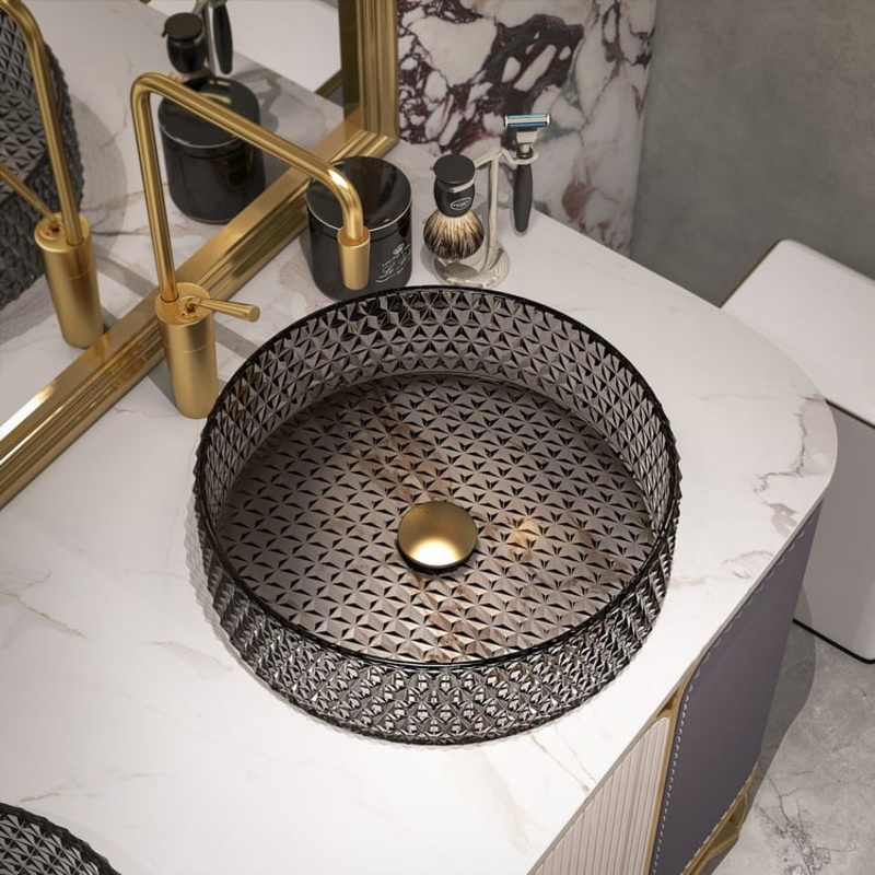 15″ Vessel Transparent Diamond Shaped Crystal Glass Bathroom Wash Sink in Black