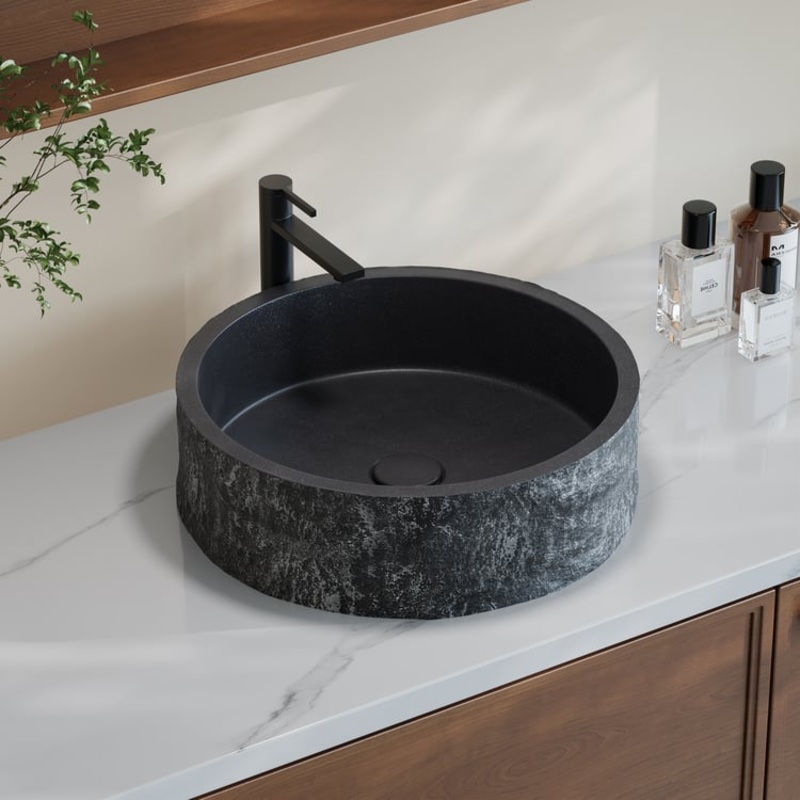 16” Black Concrete Vessel Sink Modern Stone Textured Round Bathroom Sink