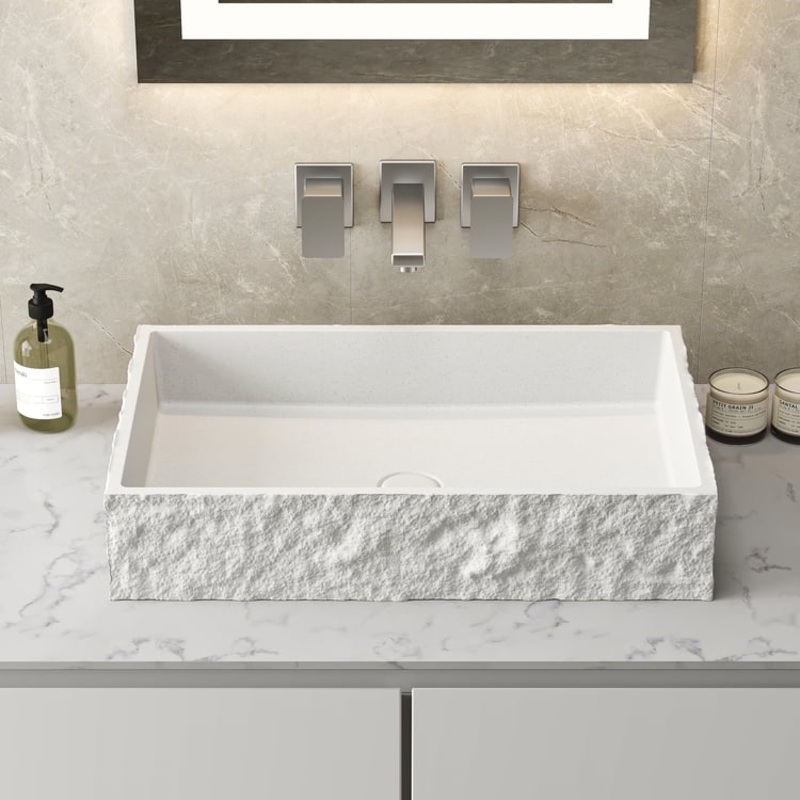 24” White Concrete Vessel Sink Modern Rectangular Countertop Basin for Bathroom Vanity