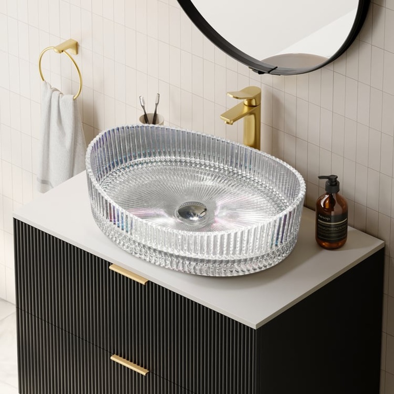 25″ Crystal Glass Vessel Sink Oval Transparent Fluted Washbasin