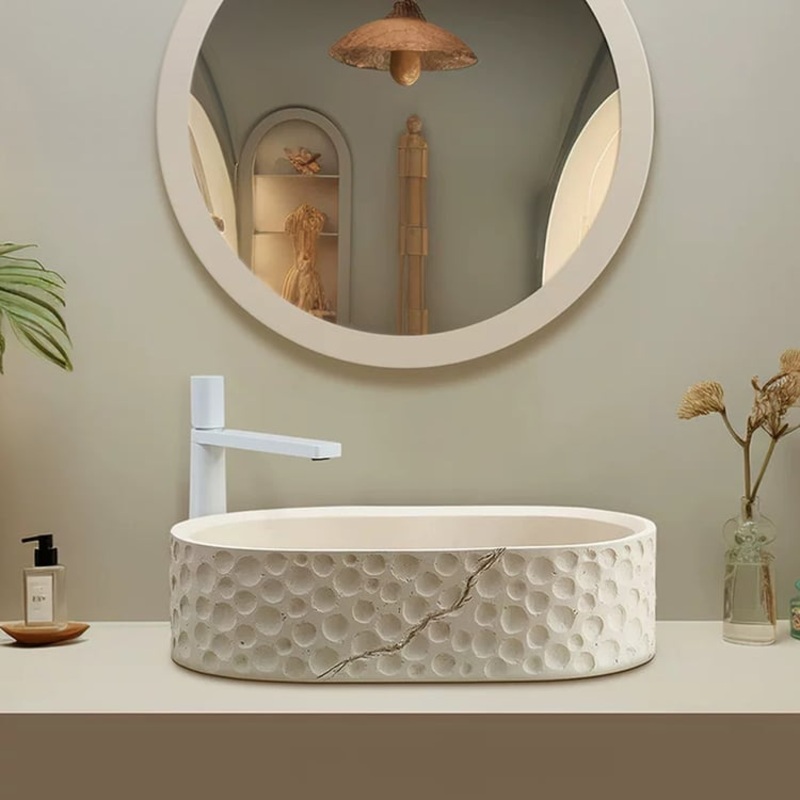 25″ Stone Resin Oval Vessel Sink Japandi Washbasin