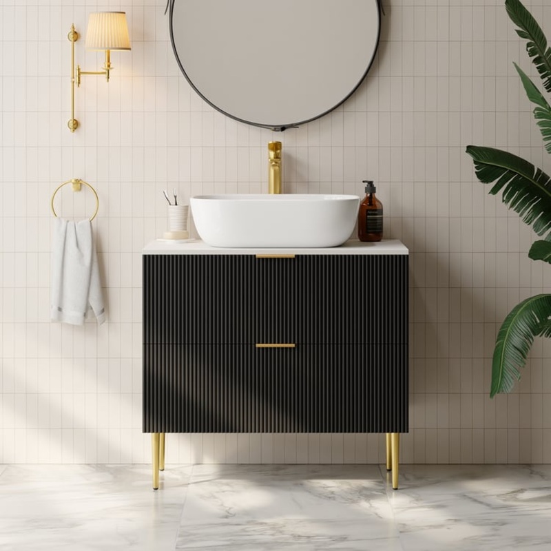 31.5” Black Single Fluted Bathroom Vanity with Vessel Sink and 2 Drawers