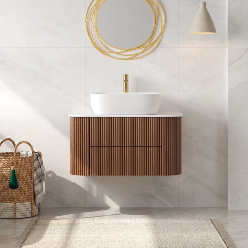 31.5″ Fluted Bathroom Vanity Set Walnut Floating Bathroom Vanity with Vessel Sink