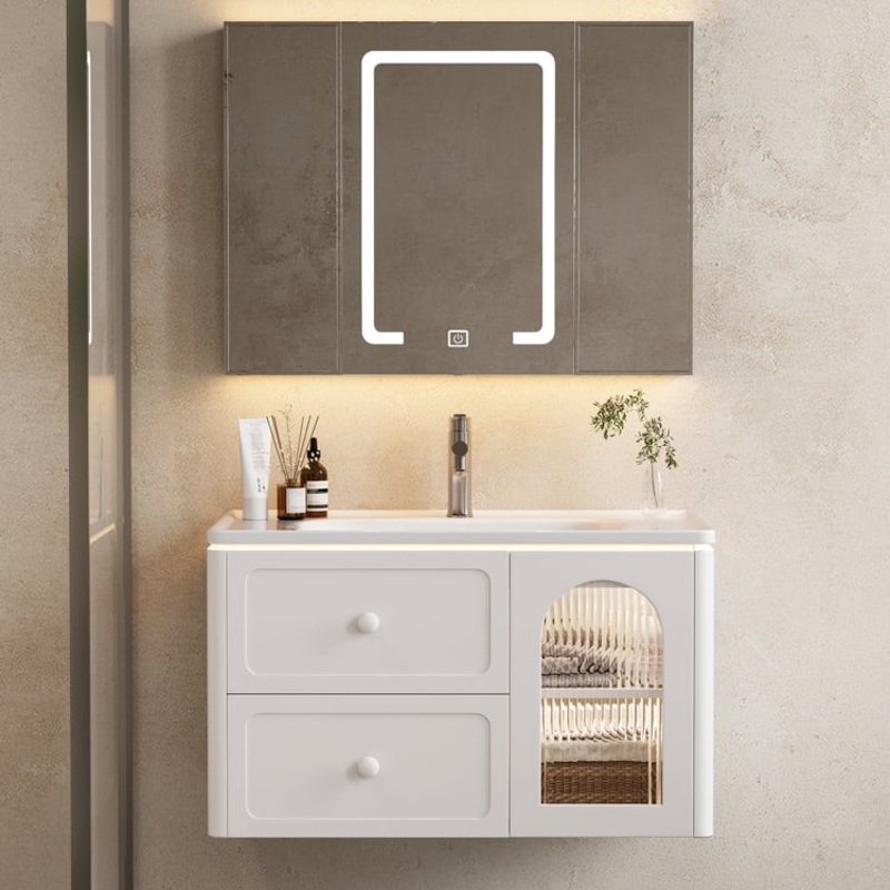 31.5″ Modern Floating LED Bathroom Vanity with Ribbed Glass Door & Drawers