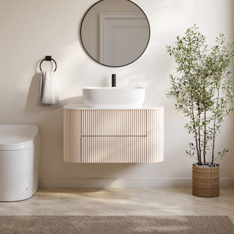 31.5″ Whitewash Fluted Bathroom Vanity with Vessel Sink  Wall-Mounted Floating Design