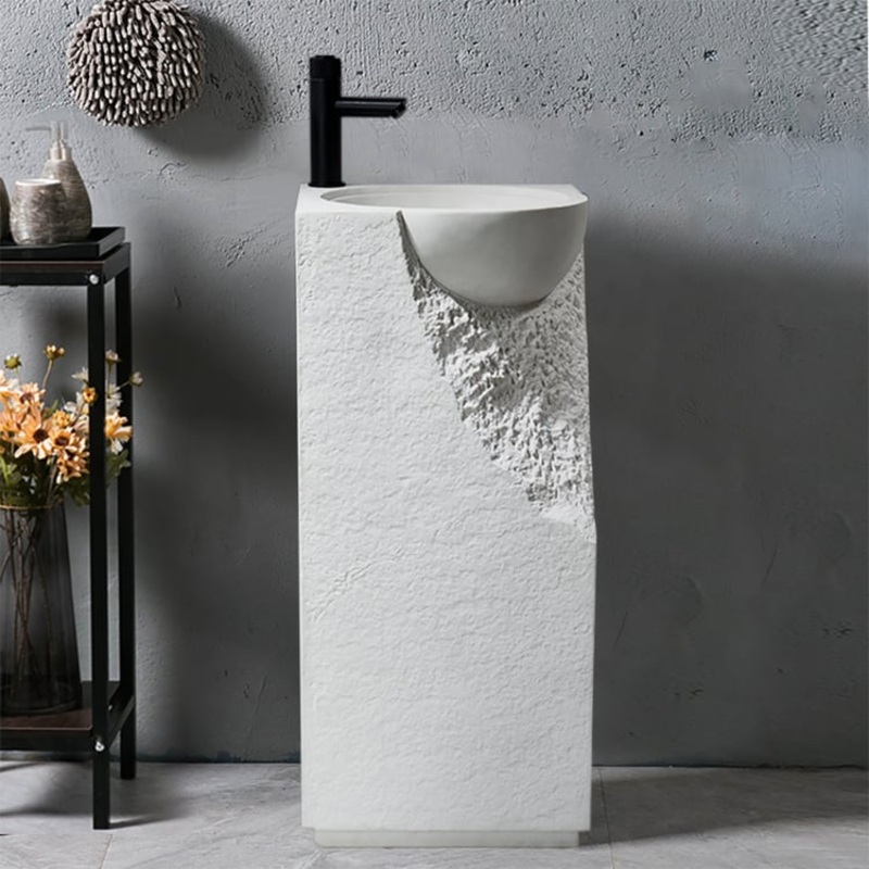 34″ Japandi Tall Stone Resin Pedestal Sink with Rounded Basin Freestanding in White
