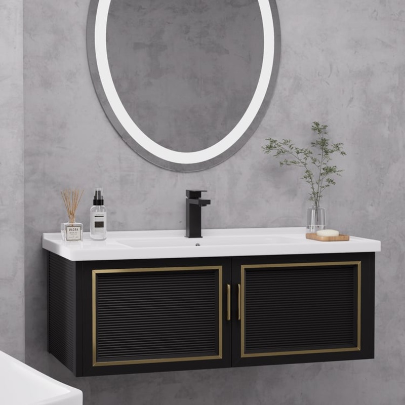 40″ Black Floating Bathroom Vanity Set Drop-In Ceramic Sink with Cabinet