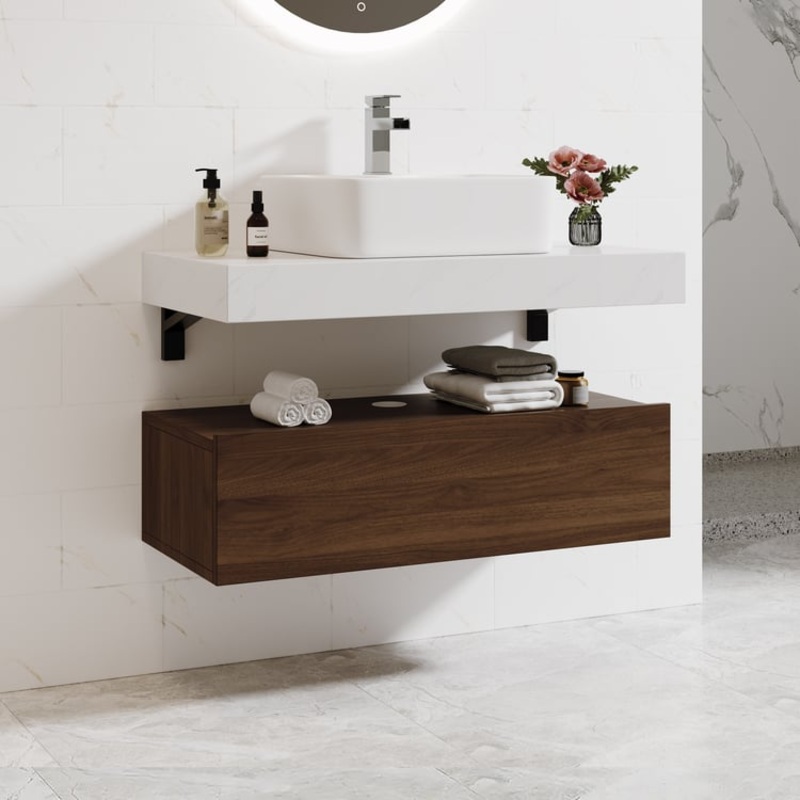 40″ Modern Floating Bathroom Vanity Set With Single Sink White and Walnut