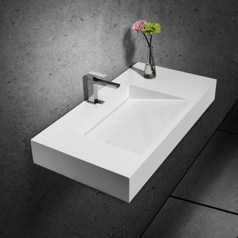 40″ Wall-Hung Stone Resin Rectangle Bathroom Ramped Sink in Glossy White