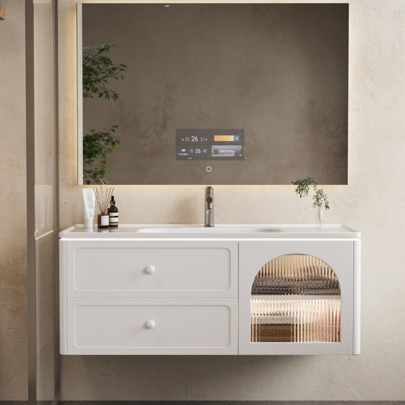 47.2″ Modern Floating LED Bathroom Vanity with Ribbed Glass Door & Drawers