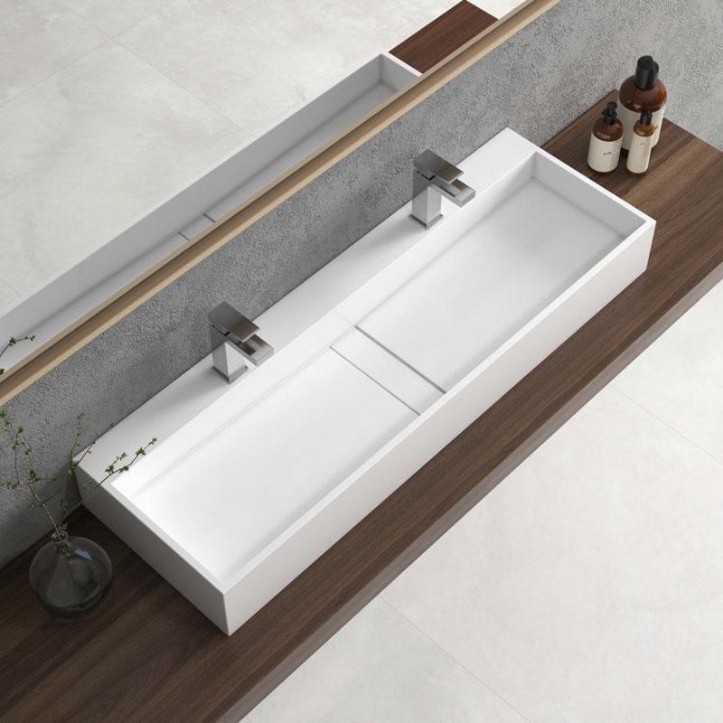 47 Inch Wall-Mount Double Sink Stone Resin Glossy White Floating Trough Bathroom Sink