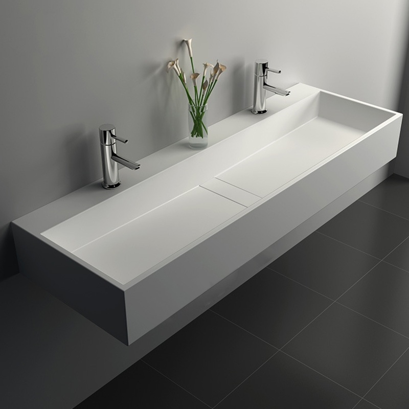 47 Inch Wall-Mount Double Sink Stone Resin Matte White Floating Trough Bathroom Sink