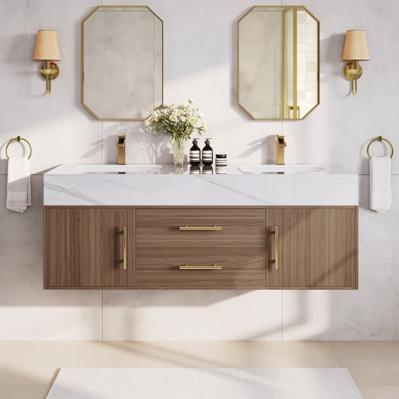 59″ Double Sink Bathroom Vanity with Gold Handles  Walnut Modern Floating Vanity