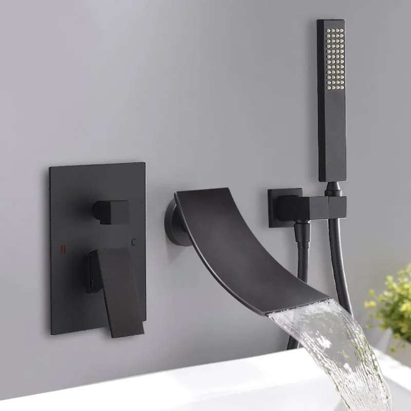 Shoop Waterfall Wall-Mount Tub Filler Faucet Single Handle & Handshower Matte Black