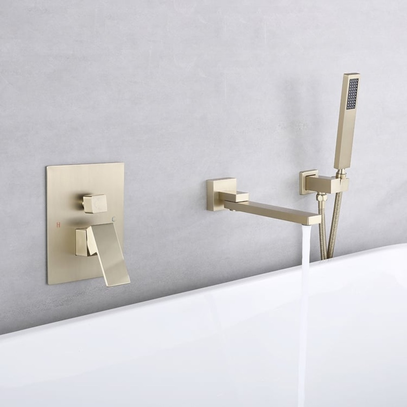Ultramodern Brushed Gold Wall Mounted Swirling Tub Filler Faucet with Hand Shower