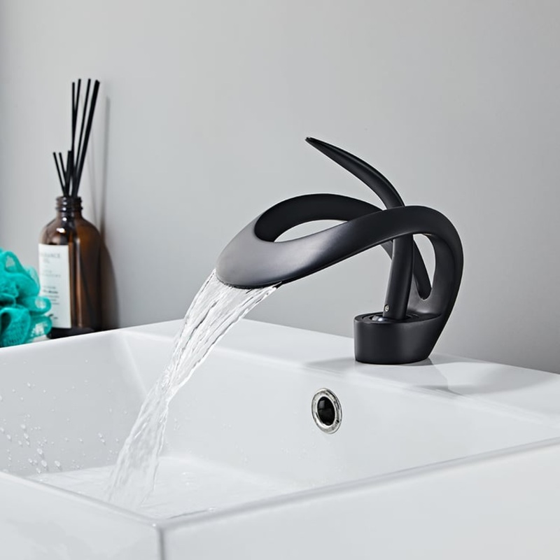 Waterfall Bathroom Sink Faucet in Black Single Handle Solid Brass