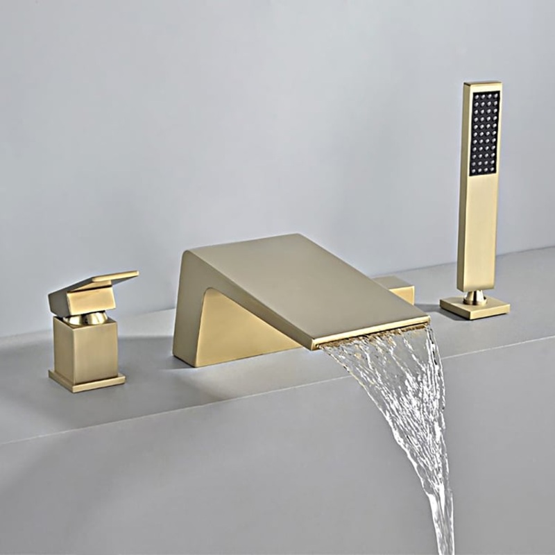 Waterfall Deck-Mount Roman Tub Faucet with Handshower in Brushed Gold