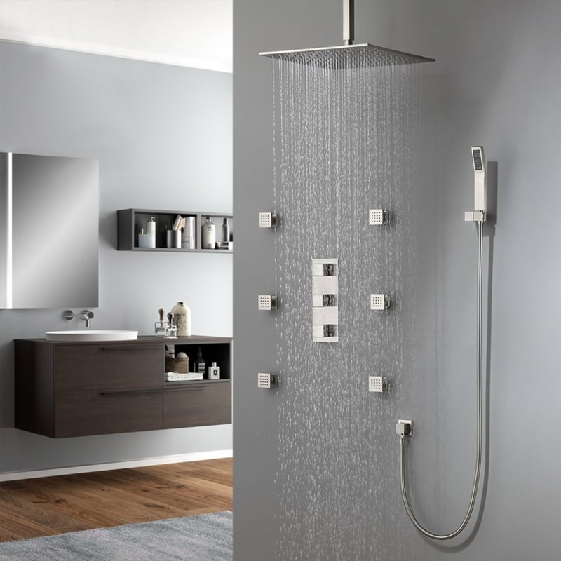 16″ Square Ceiling-Mount Shower Head & 6 Body Sprays & Wall Mounted Handshower System