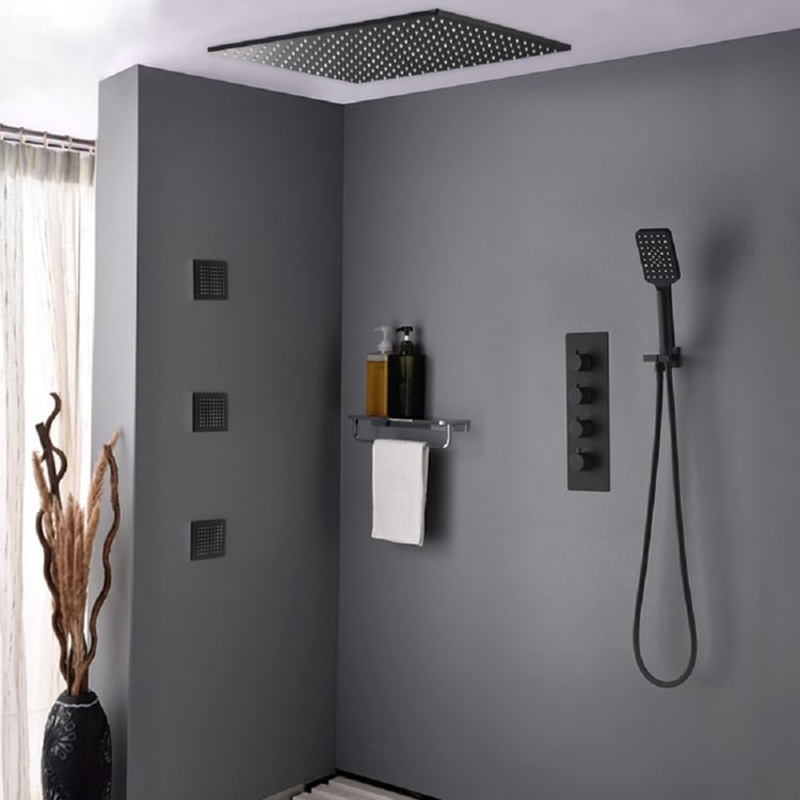 16” Thermostatic Black Shower System with Hand Shower and 3 Body Jets